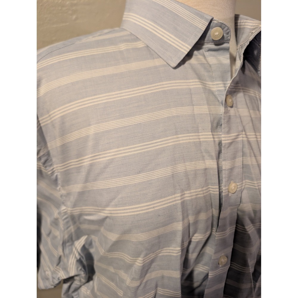 Mens UnTuckIt short sleeve collared button down blue white‎ stripes size XL